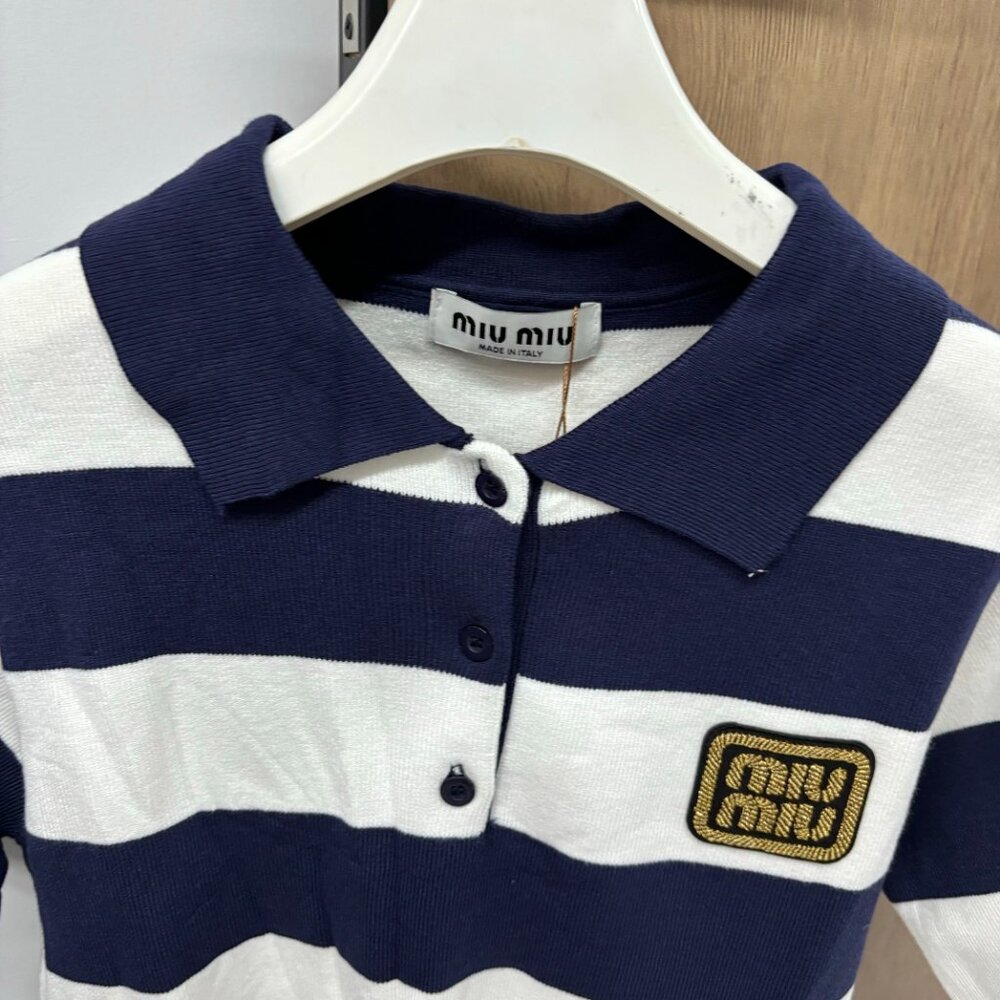 Miu Miu Women's Navy and White Striped Polo Shirt - Picture 4 of 6